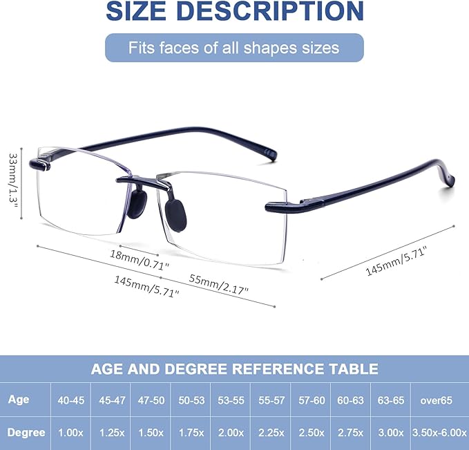 AQWANO Rimless Reading Glasses for men Women TR90 Ultralight Frameless Readers Fashion Designer Computer Blue Light Blocking Anti-reflective,2.5