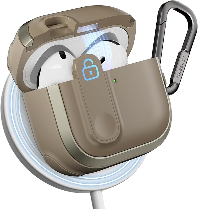 MAGEASY Design for AirPods 4 Case Cover - Rugged AirPods 4 Case with Lock | Work with Cable & Wireless Charging (Only ANC Charge Wirelessly) | Include Carabiner - Odyssey, Metal Sand