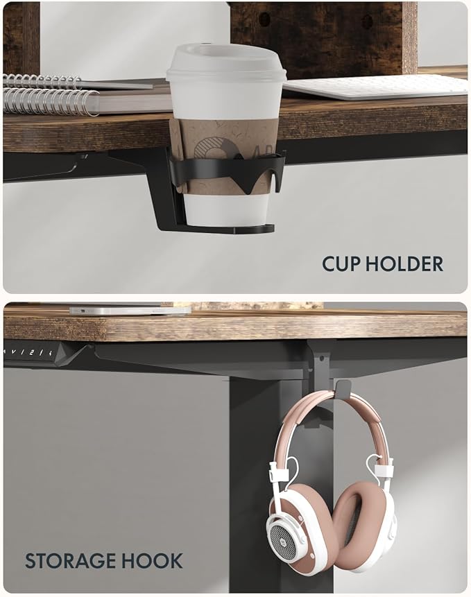 FLEXISPOT Standing Desk with Monitor Stand, 48 x 24 Inches One-Piece Electric Height Adjustable Computer Desk with Cup Holder, Home Office Desks (Black Frame+ Rustic Top)