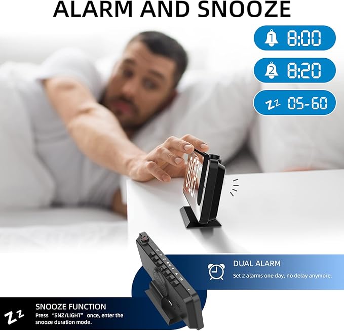 Projection Alarm Clock for Bedroom, Digital Alarm Clock with USB Charger, 7.4" Large LED Mirror Display Alarm Clock, Dual Smart Alarm with Projection on Ceiling, Black(No Temp Display)