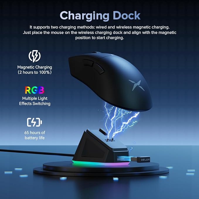 DeLUX M900PRO Wireless Gaming Mouse, 8000Hz Polling Rate, RGB Charging Dock, 63g Ergonomic Design, PAW3395 Sensor with 26000DPI, Programmable Buttons (Black)