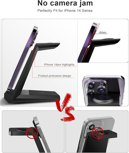 Wireless Charging Station for iPhone - ADADPU 3 in 1 Charger Stand for iPhone 16 Pro Max 15 14 13 12 11 Pro Max XR 8 Plus, for Apple Watch 8/7/SE/6/5/4/3/2,AirPods Pro/3/2(with 5ft Cable and Adapter)