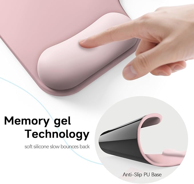 Ergonomic Mouse Pad with Gel Wrist Rest (1" & 1.2" Dual Height) - Cute Mouse Pads Compact Mousepad Desk Mat Office, Gaming & Carpal Tunnel Relief | Non-Slip Rubber Base Pale Pink