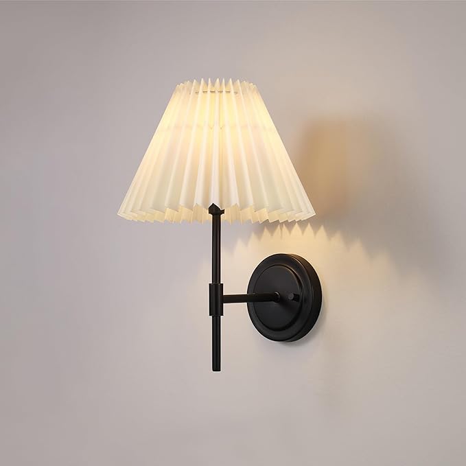 GLOBE 1-Light Wall Sconce, Matte Black, White Pleated Fabric Shade, E12 Base Socket, Candelabra Bulb, Living Room Lighting, Home Essentials, Décor, Bedroom, Mounted Bedside Lamp