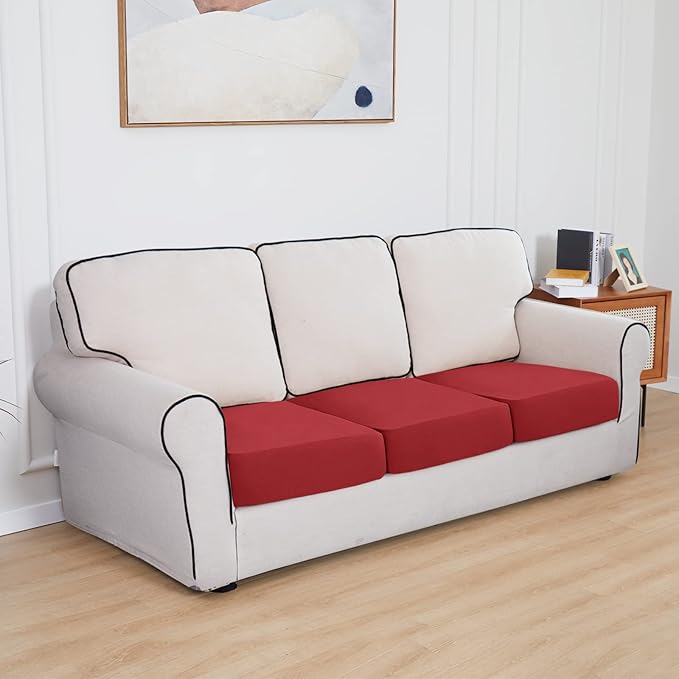Easy-Going 100% Waterproof Chair Sofa Seat Cushion Slipcovers Couch Cushion Cover Stretch Furniture Protector for Kids, Pets (3-Piece Sofa Cushion, Christmas Red)