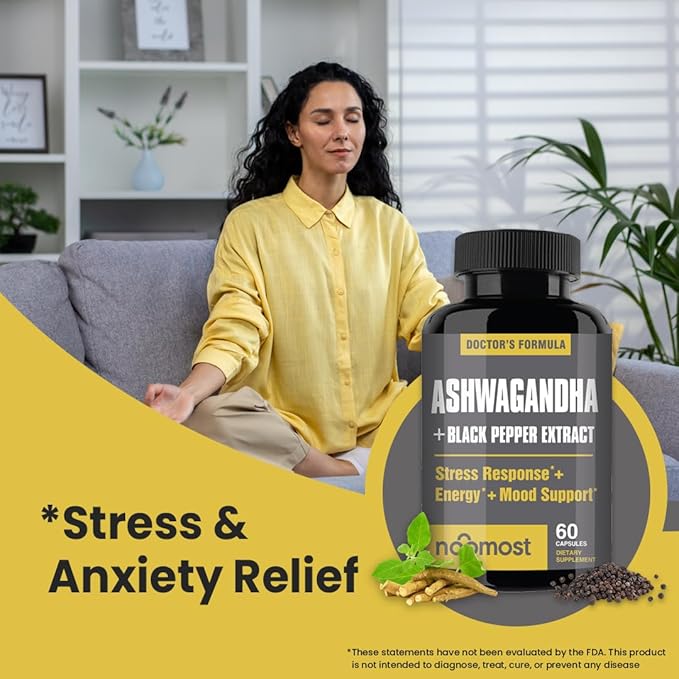 Organic Ashwagandha Capsules w/Black Pepper Extract as Vegan Ashwagandha Supplements for Anti Stress Relief, Natural Mood Support, Energy & Focus-60 Capsules