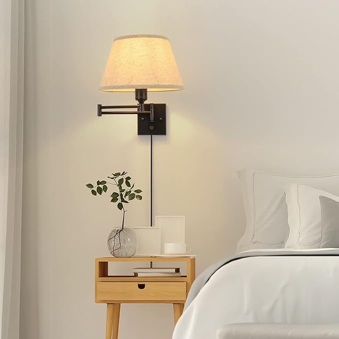 TRLIFE Dimmable Wall Sconce Plug in, Wall Sconces Set of Two Swing Arm Wall Lights with Plug in Cord and On/Off Dimmer Rotary Switch, 11.8" Large Beige Fabric Shade(2 Pack, 2 Bulbs Included)