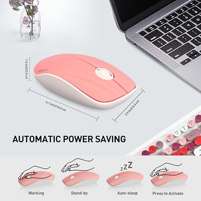 Cute Retro Wireless Keyboard and Mouse Combo with Round Key, 2.4Ghz Dropout-Free Connection, Typewriter Wireless Keyboard and Mouse Set for PC, Laptop, Desktop Computer - Pink Colorful