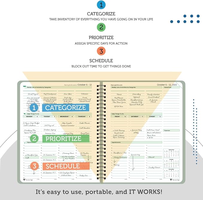 Planner Pad Spiral Bound 3-Tier Funnel Down 12 Month Organizer, October 2025 – September 2026, Greenish Grey Cover/Soft Green Ink, 6 3/4" x 8 1/2"