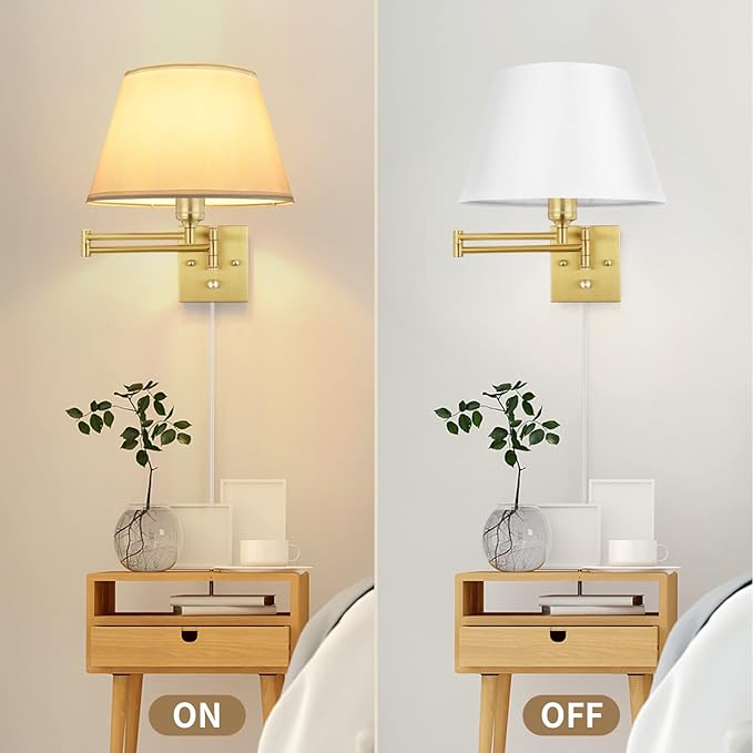 TRLIFE Dimmable Wall Sconce Plug in, Brushed Brass Wall Sconces Set of 2 Swing Arm Wall Lights with Plug in Cord and Dimmer On/Off Knob Switch, 11.8" Large White Fabric Shade(2 LED Bulbs Included)