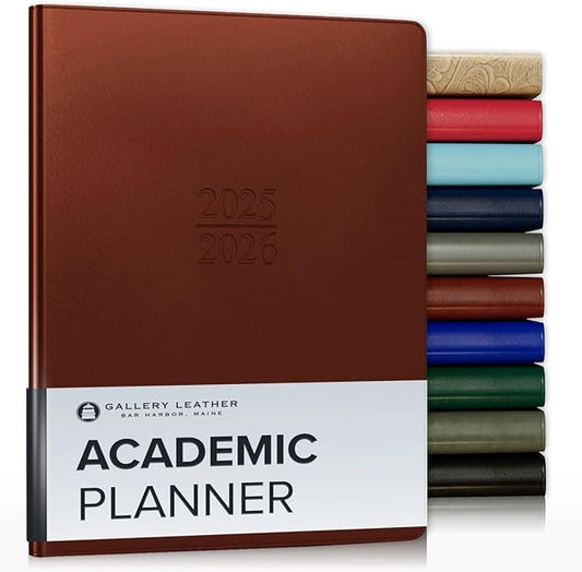 Gallery Leather Academic Planner 2025-2026, Teacher and Student Weekly Monthly Planner, Elegantly Bound Calendar with Gold-Gilded Page Edges, 18 Months - Freeport Metallic Copper - 9x7"