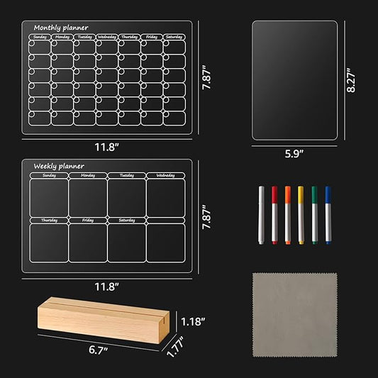 Acryic Dry Erase Board with Light, Wooden Stand Up for Desk, 11.8”x7.9”, Clear Monthly/Weekly Calendar and Led Note Board with Colors, Room/Store/Office/Festival/Gift, 6 Markers