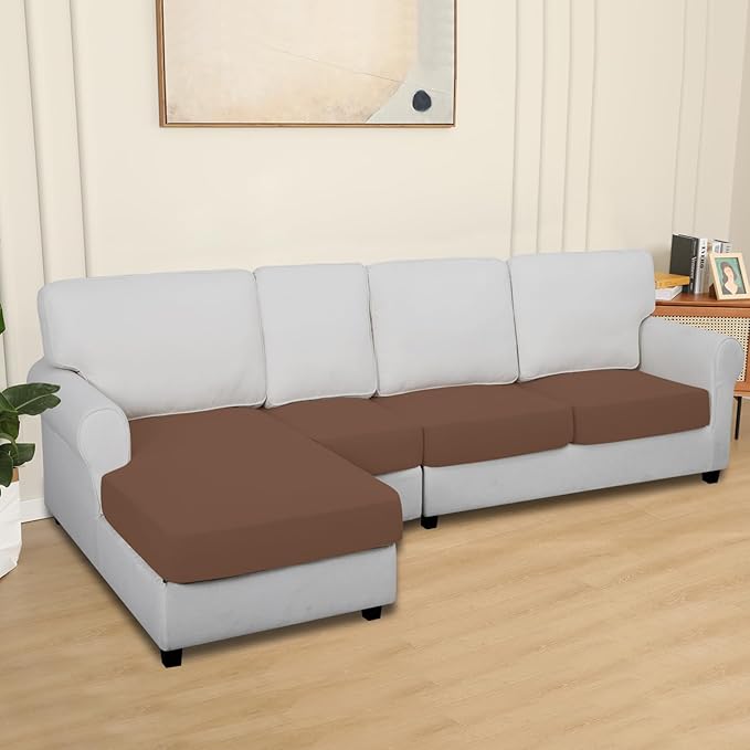 Easy-Going 100% Waterproof 4 Pieces Couch Cushion Covers for Sectional Sofa Left/Right L Shape Chaise Lounge Sofa Seat slipcover Anti-Slip Sofa Cover (3 Seater + 1 Chaise, Brown