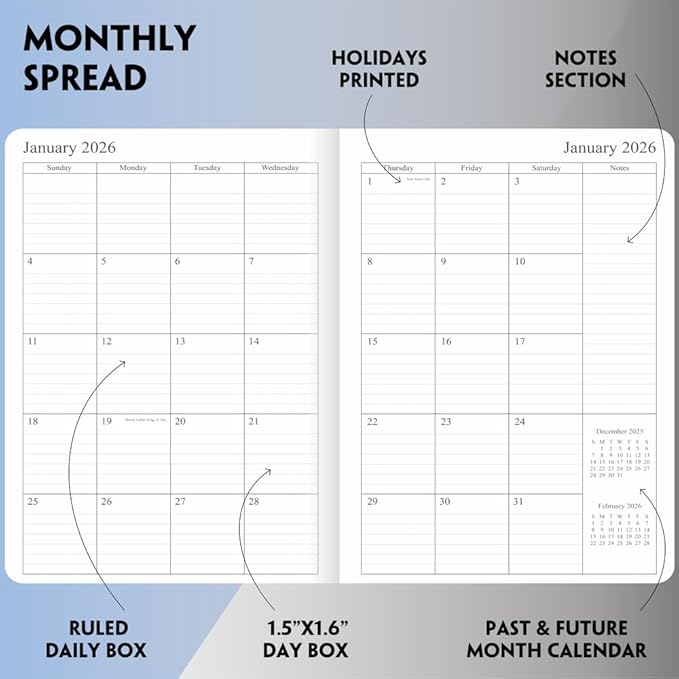 2025-2026 Planner - Weekly and Monthly Planner, Oct 2025 - Dec 2026, Vegan Leather Cover, Elastic Closure, 7”x9.25”, Grey