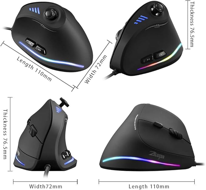 Zeerkeer Ergonomic Vertical Mouse, RGB Wired Vertical Gaming Mouse with Joystick, 10000 Max DPI and 11 Programmable Buttons for Gamers, Computer (Wired)