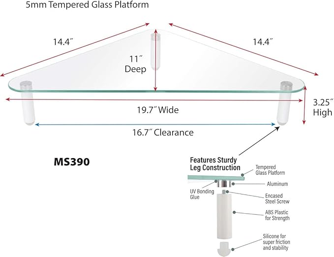 Kantek Glass Corner Monitor Riser, 19.7" x 11" x 3.25", Clear, Supports 40 lbs