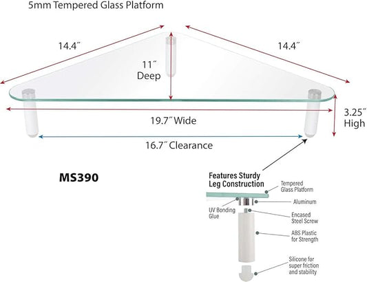 Kantek Glass Corner Monitor Riser, 19.7" x 11" x 3.25", Clear, Supports 40 lbs