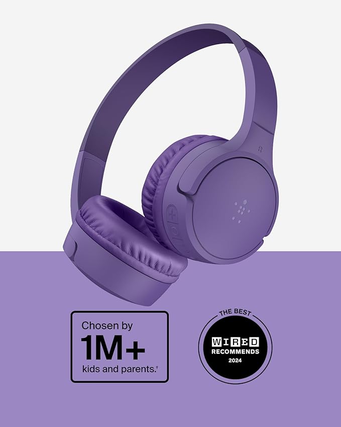 Belkin SoundForm Mini - Wireless Bluetooth Kids Headphones, 30H Battery, 85dB Safe Volume Limit, Built-in Microphone - Toddler On-Ear Earphones for iPhone, iPad - Ideal for School - Purple w/Case
