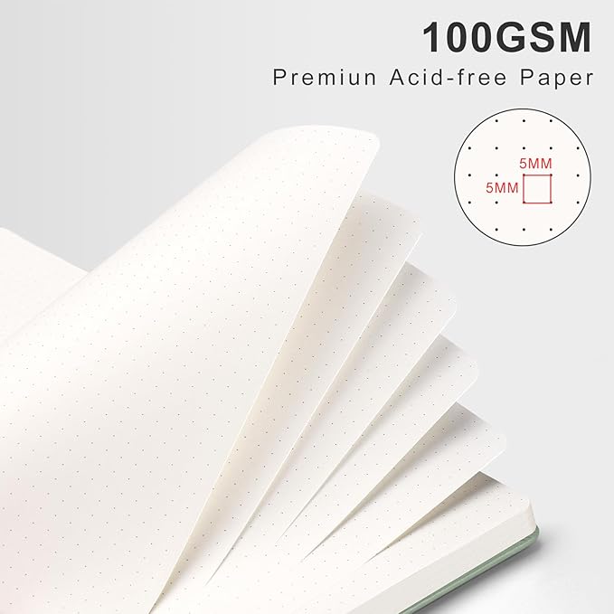 AHGXG Bullet Dotted Journal Spiral Notebook, Hardcover Leather Dotted Notebook 140 Pages, A5 Dot Grid Paper Notebook, 100 gsm Thick Paper, for Bullet Journaling, 5.7" x 8.3", Sage Green