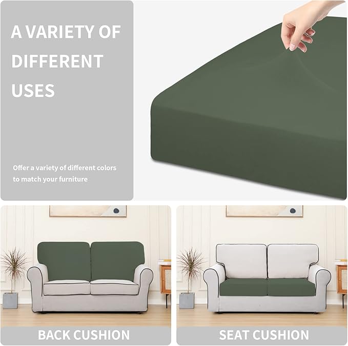 Easy-Going 100% Waterproof Chair Sofa Seat Cushion Slipcovers Couch Cushion Cover Stretch Furniture Protector for Kids, Pets (2-Piece Loveseat Cushion, Grayish Green)