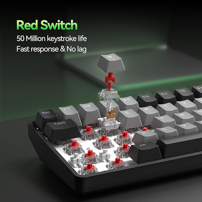 TMKB T68 60% Wireless Mechanical Gaming Keyboard, Tri-Mode BT5.0/2.4GHz/USB-C with Red Linear Switch, RGB Backlight, Anti-Ghosting, Compact 68 Keys, Wired/Wireless, Black/Gray