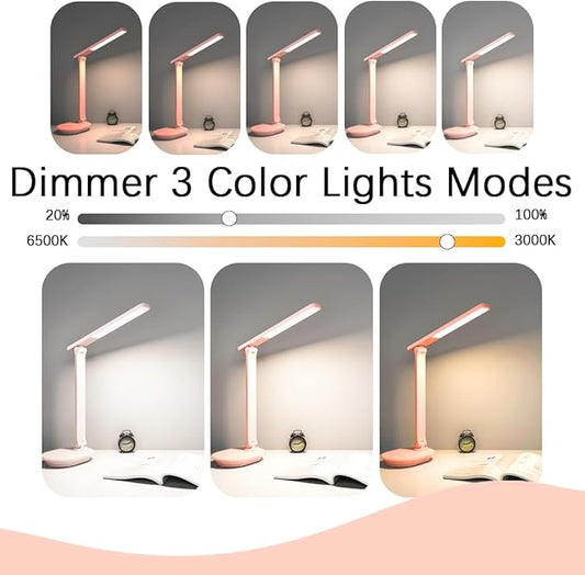 Pink Desk Lamp College Dorm Essentials for Girls, 3 Color Dimmable Reading Lamp, Cordless Rechargeable Battery Operated, USB Powered, Cute LED Desk Lamps for Home Office, Bedrooms, Study