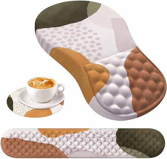 HAOCOO Ergonomic Mouse Pad with Wrist Rest and Keyboard Wrist Rest, 3 PCS Computer Carpal Tunnel Mouse Pads for Desk with Coaster Set, Memory Foam Keyboard Wrist Support for Laptop Office, Boho Beige