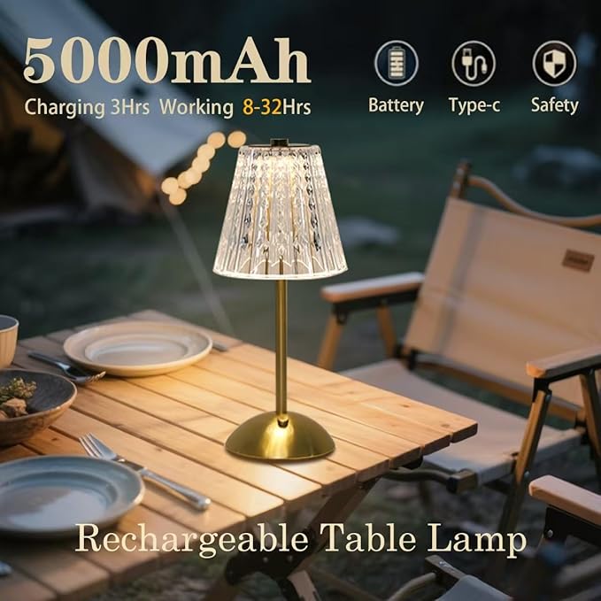 2 Pack Crystal Table Lamp, 5000mAh Rechargeable Battery Lamp with Touch Control, 3 Color Temperatures, Dimmable Brightness, Matte Aluminum Light for Bedroom/Bar/Kitchen/Outdoor, Home Décor