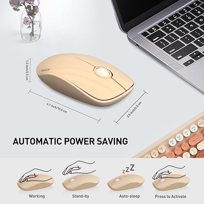 Cute Retro Wireless Keyboard and Mouse Combo with Round Key, 2.4Ghz Dropout-Free Connection, Typewriter Wireless Keyboard and Mouse Set for PC, Laptop, Desktop Computer - Brown Colorful