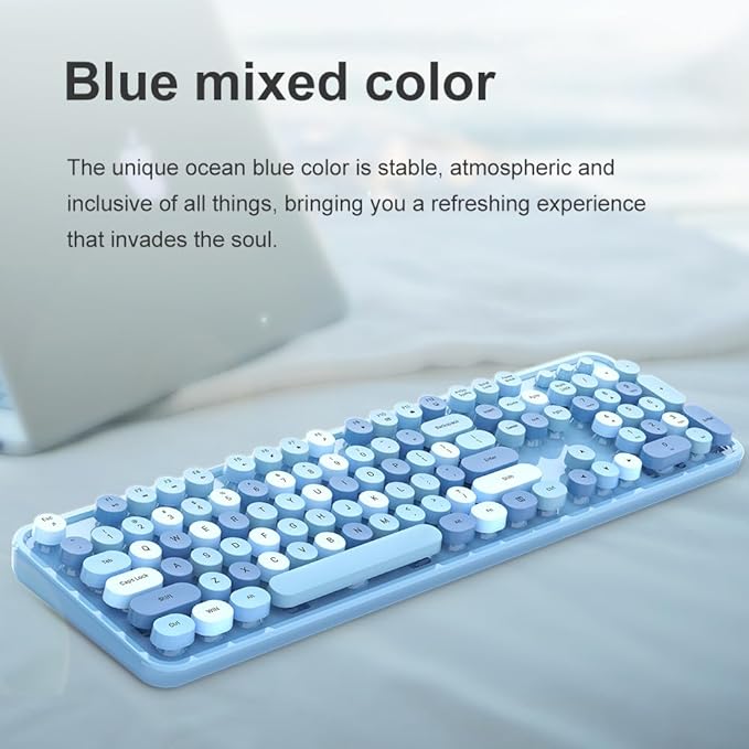 Guffercty kred Colorful Blue Wireless Keyboard Mouse, Cute Retro Typewriter Round Keycaps 2.4GHz Dropout-Free Connection for Laptop/PC (Multicolor Blue)