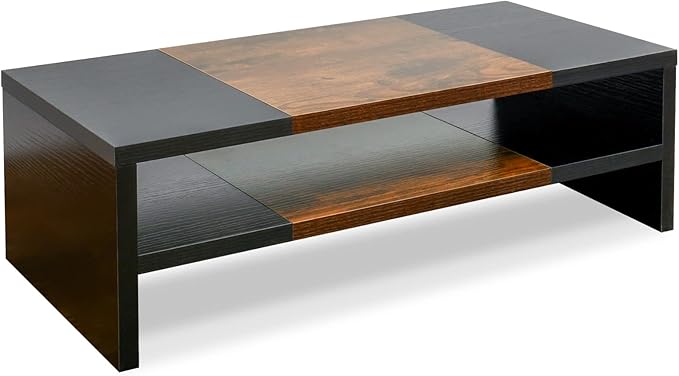 TEAMIX 2 Tiers Desktop Monitor Stand Riser 20 Inch Printer Stand with Storage Small TV Riser Laptop Wooden Desk Organizer Shelf Bookshelf (Black+Brown, 2 tiers)