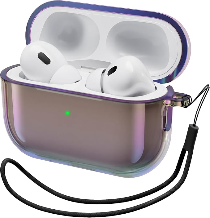 ORNARTO for AirPods Pro 2 Case 2023/2022–Stylish Gradient Clear TPU, LED Visible, Shockproof Protective Case Cover for AirPods Pro 2nd Generation with Lanyard-Iridescent Purple