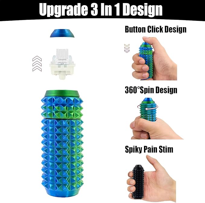 Little Pain Ouchies Fidget (4PCS), With Clicker Button & Spinner Pain Stim Fidget Sensory Toy for Adults & Teens. 3D Printed Spin Spiky Grippie Keychain for Stress Relief & Focus Novelty Gifts (Laser)