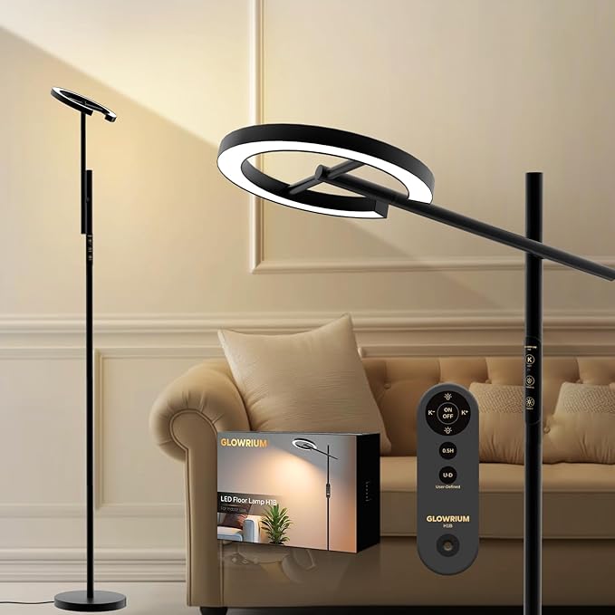 GLOWRIUM Therapy Light Floor lamp 12000 Lux, Happy Therapy lamp Stepless Dimmable 2700-6500K, LED UV-Free Happy lamp, Sunlight lamp Modern Bright Floor Lamp for Living Room Bedroom Office (H1B)