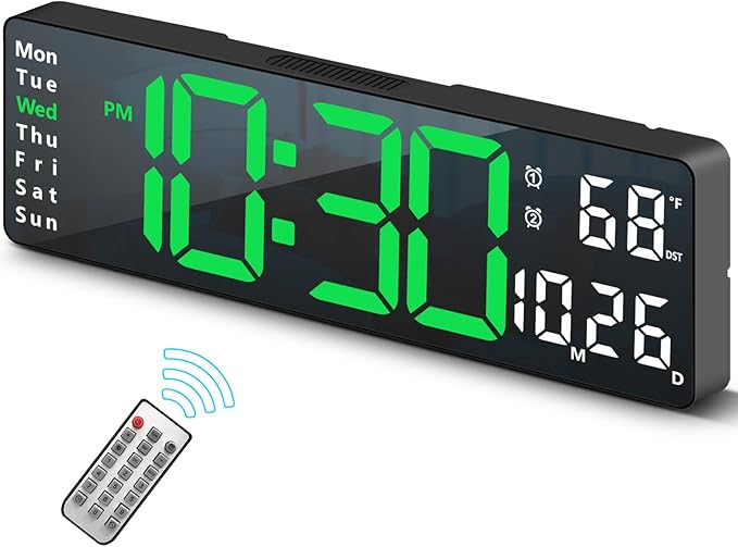 Digital Clock, Digital Wall Clock for Living Room Decor, Desk Alarm Clock for Bedroom, Large Wall Clock with Remote Control, Automatic Brightness Dimmer LED Clock with Date Temperature Week (Green-B)