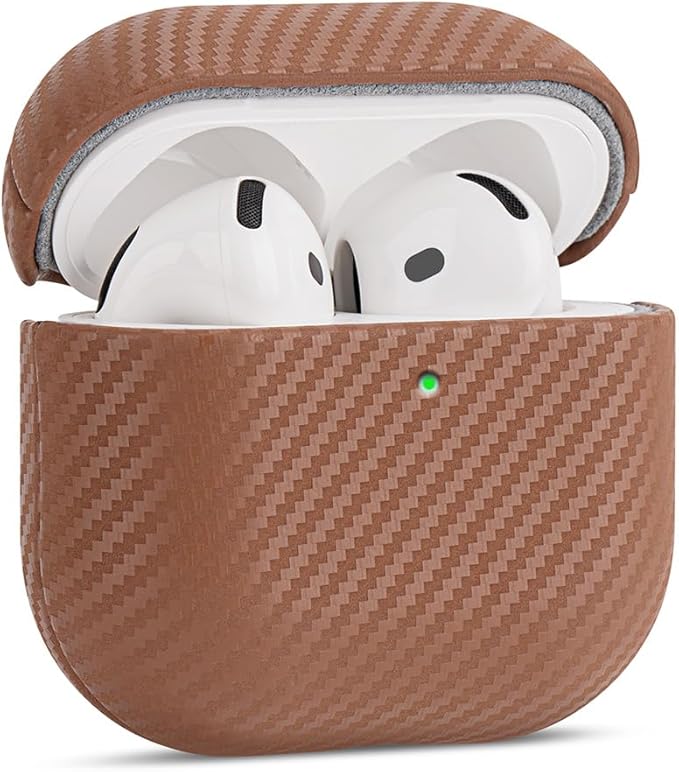 Leather Case - for AirPods 4 with Active Noise Cancellation/AirPods 4 Case Cover - Selected Skin-Friendly Leather, with Carbon Fibre Texture, Handmade Drop Protective Hard Cover - Brown