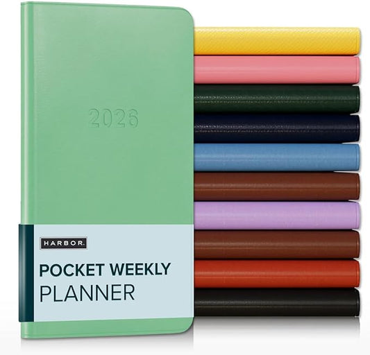 Harbor Pocket Weekly Monthly Planner 2025-2026 - Calendar Planner and Notebook, Durable Faux Leather, 192 Pages, Softcover & Book Bound - Cambridge Jade - 6 x 3.25 "