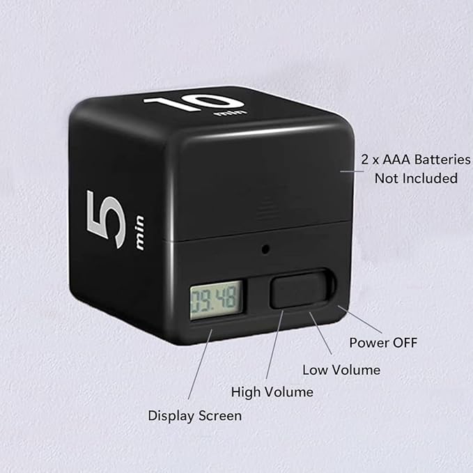 Cube Timer, Gravity Sensor Flip Timer for Study, Work, Game, Task, Kitchen, Kids, ADHD, Productivity, Workout (Black 1-3-5-10)