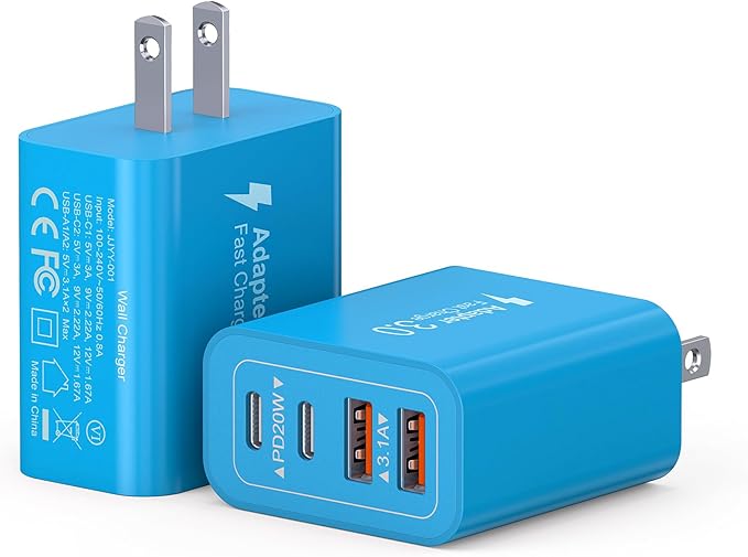 40W USB C Charger Block, 2-Pack 4-Port Type C Fast Charging Brick Dual PD&QC Wall Plug Adapter Power Brick for iPhone 16/15/14/13/12/Pro Max Plus/iPad/Airpods/iwatch/Samsung Galaxy (Light Blue)