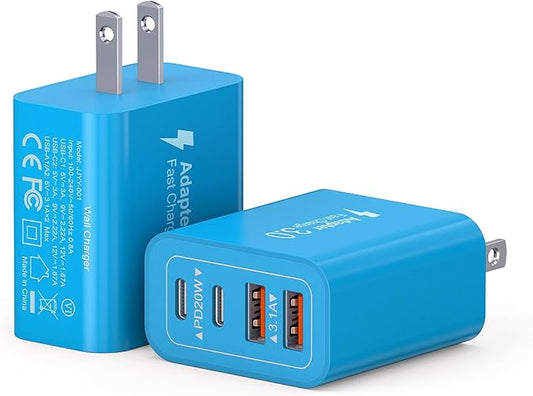 40W USB C Charger Block, 2-Pack 4-Port Type C Fast Charging Brick Dual PD&QC Wall Plug Adapter Power Brick for iPhone 16/15/14/13/12/Pro Max Plus/iPad/Airpods/iwatch/Samsung Galaxy (Light Blue)