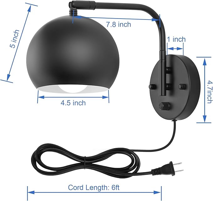 Wall Sconce with Remote Control, Dimmable Plug in Wall Sconces and Adjustable Color Temperature 2700K~6000K, Globe Swing Arm Wall Lights with Plug in Cord(2 Pack, 2 Bulbs)