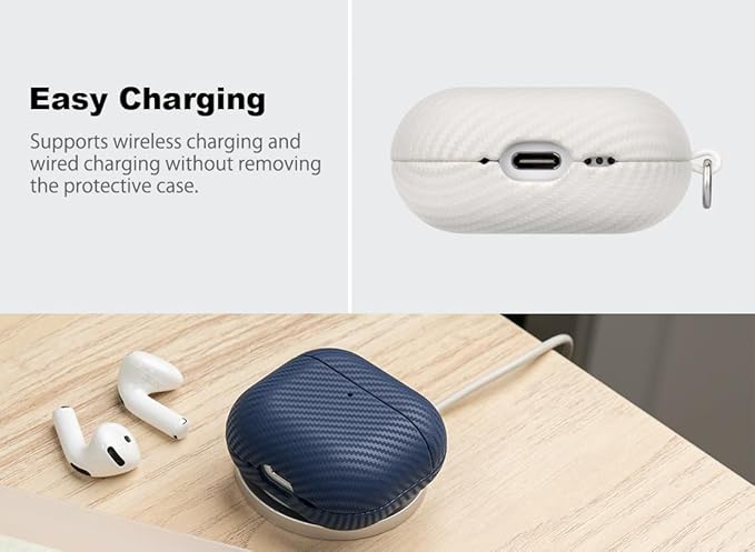 Leather Case for AirPods 4 / AirPods 4 with Active Noise Cancellation Case Cover with Keychain - Selected Skin-Friendly Leather, Carbon Fibre Texture, Handmade Shockproof Hard Cover - White