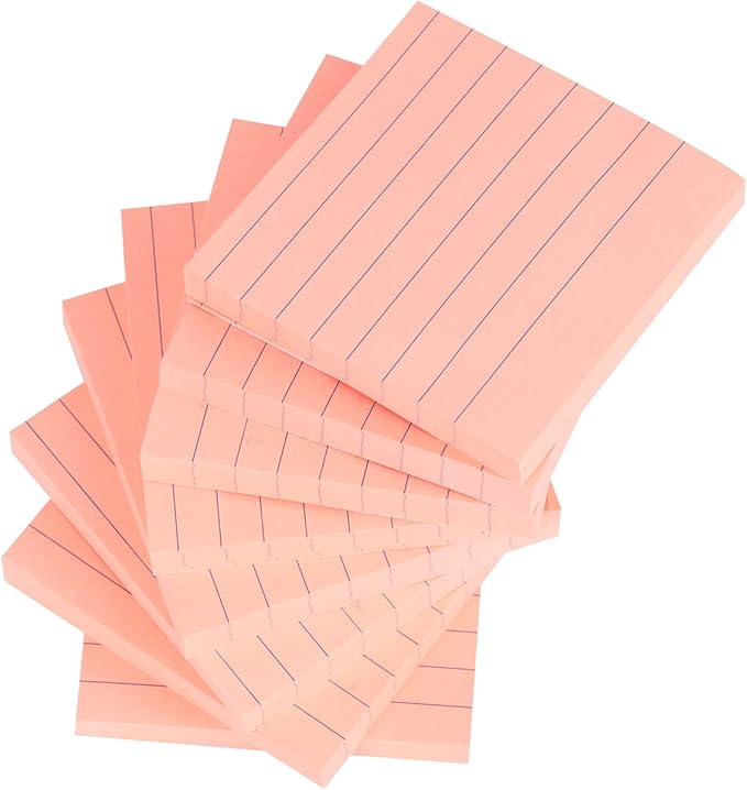 Vanpad Lined Sticky Notes 3x3 Inches, Bright Pink Ruled Self-Stick Pads, Easy to Post for Home, Office, Notebook, 8 Pads/Pack