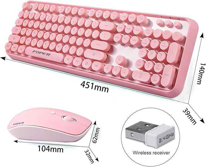 FOPETT Keyboard and Mouse Sets Wireless, Reliable 2.4 GHz Connectivity for PC,Laptop,Smart TV and More (Pink)