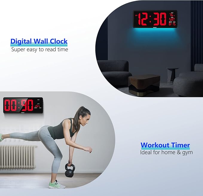 YORTOT 16" Digital Wall Clock Gym Timer with 7 Colors Light & Remote Control - Larger LED Display with Indoor Temperature | Date, Workout Timer with Count Down & Up | Stopwatch for Home Gym Garage