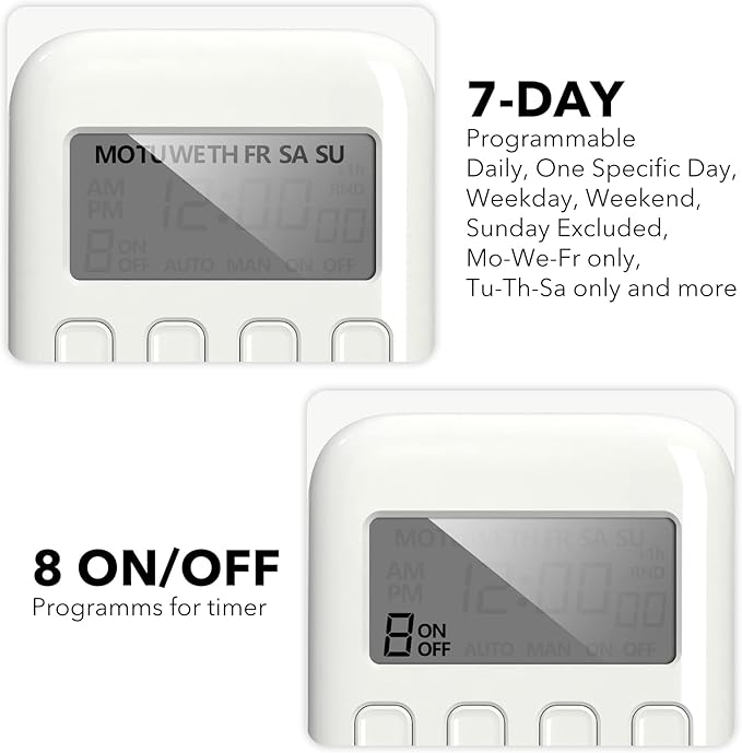 BN-LINK Digital Timer Outlet, 7 Day Heavy Duty Programmable Timer, On/Off Programs 3-Prong Grounded, Indoor, for Lamp, Light, Fan, Pets, Home, Kitchen, Office, Appliances, 125V, 15A, 1875W, 60Hz