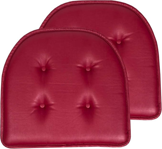 Sweet Home Collection Chair Cushion Memory Foam Pads Tufted Slip Non Skid Rubber Back U-Shaped 17" x 16" Seat Cover, 2 Pack, Faux Leather Burgundy Red, (Pack of 3)