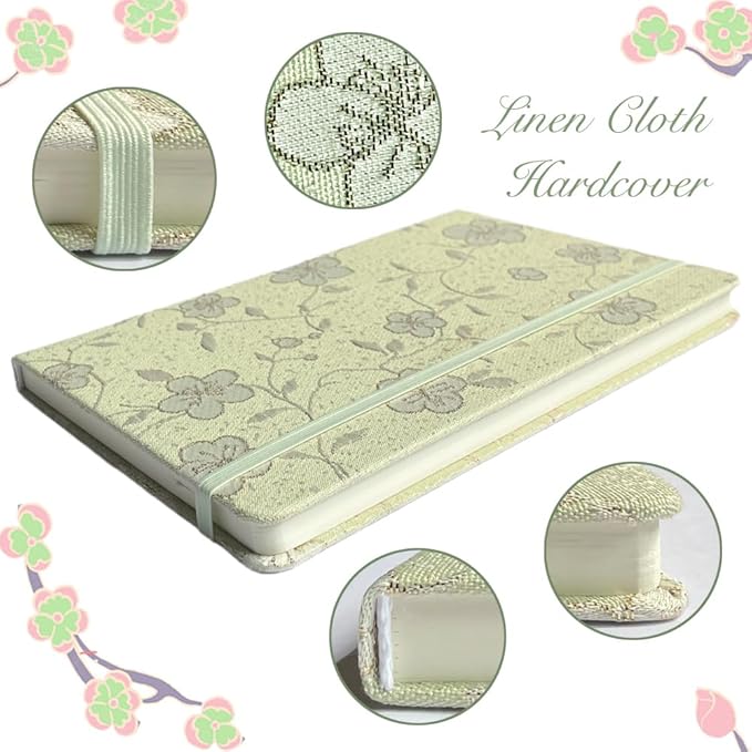 A5 Notebook, Ruled Paper, Lined Page, Hardcover, Layflat, Linen Cover, Flower Fabric, Journal for Women, Elastic Band Closure, Cute Notebooks for School, Office, Personal Writing, Green