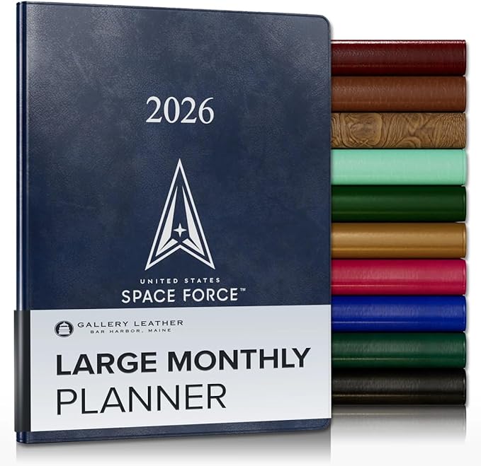 Gallery Leather Large Monthly Planner 2025-2026, Elegantly Bound Calendar Planner and Notebook with Stylish Gold-Gilded Page Edges, 18 Months - Acadia Navy - US Space Force - 9.75x7.5"
