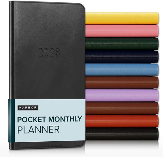 Harbor Pocket Monthly Planner 2025-2026, Calendar Planner and Notebook, Durable Faux Leather, 18 Months, 96 Pages, Softcover & Lightweight - Cambridge Black - 6 x 3.25 "
